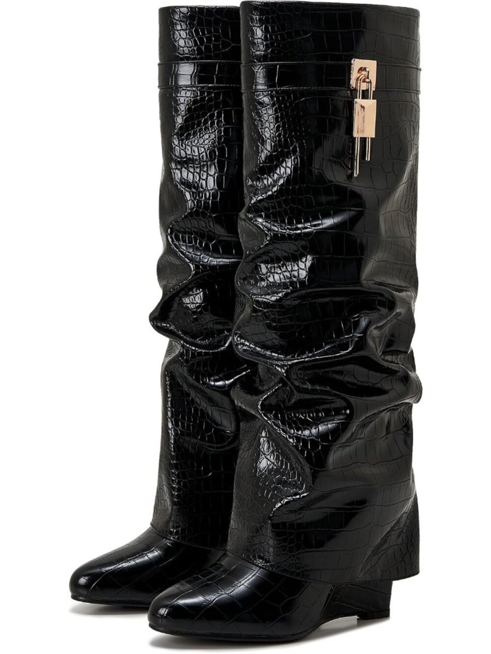 Women's Black Crocodile Pull On Wedge Heel Knee Shark Side Zipper Fold Over Boot